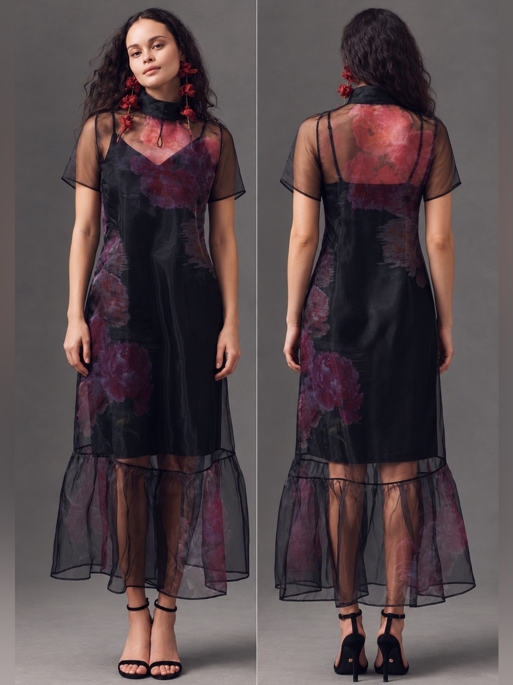 BHLDN Carina Floral Organza High Neck Midi Dress Black Purple S